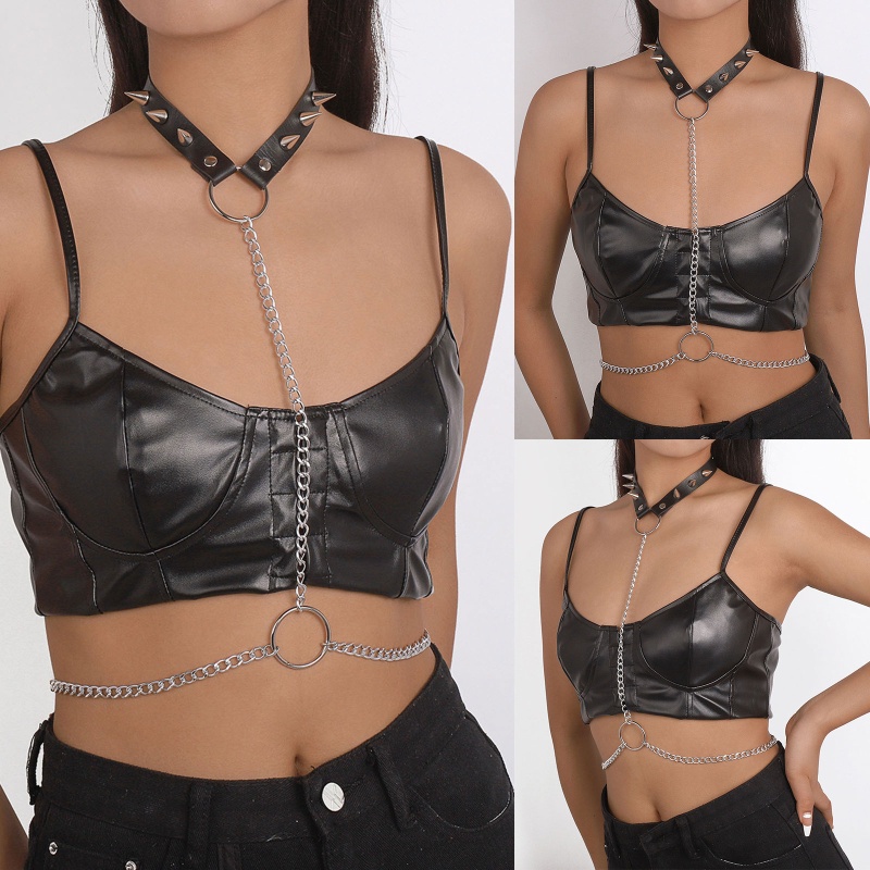 Vòng Choker Da Màu Tối Phối Đinh Tán Phong Cách Punk Gothic