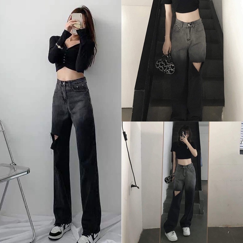 Quần jean nữ🌸 Quần bò loang ống rộng rách 1 bên unisex màu đen khói dài ống đứng style Ulzzang hàn quốc