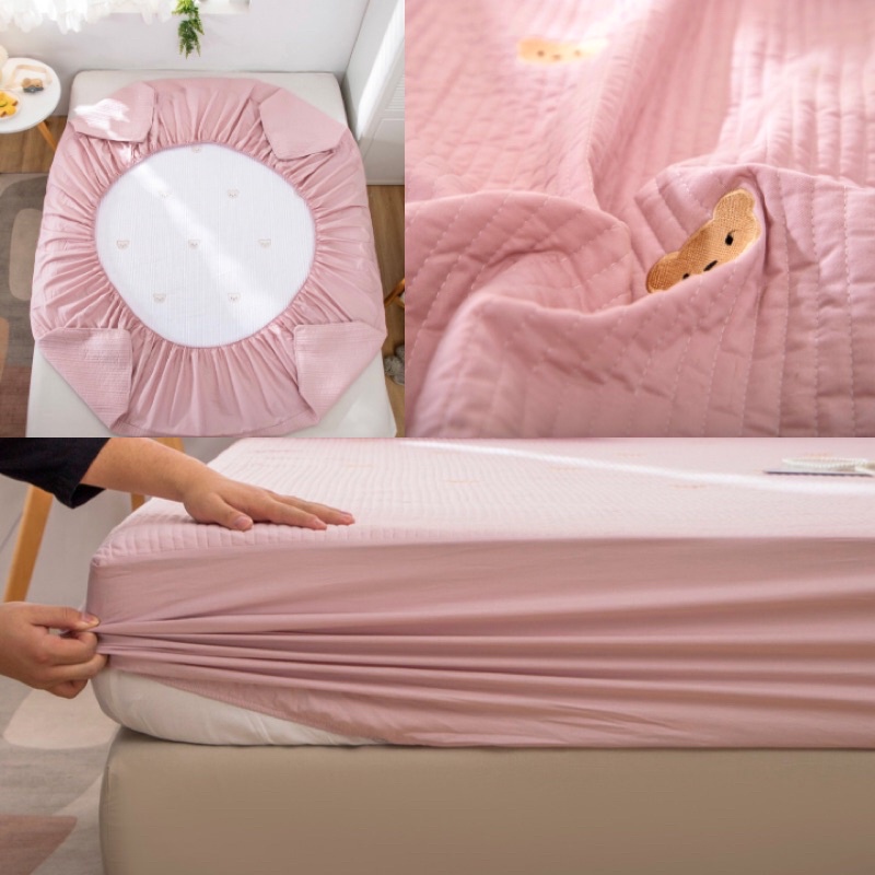 Bộ ga giường, ga giường trần bông thêu gấu chất COTTON LINEN cao cấp, trần dày, hình thêu siêu nét - BỐN MÙA BEDDING