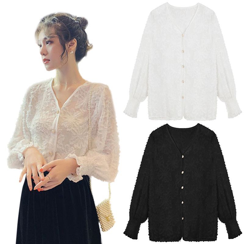 Áo sơ mi tay dài cổ V đính ngọc giả phong cách tiểu thư sang trọng cho nữ | BigBuy360 - bigbuy360.vn