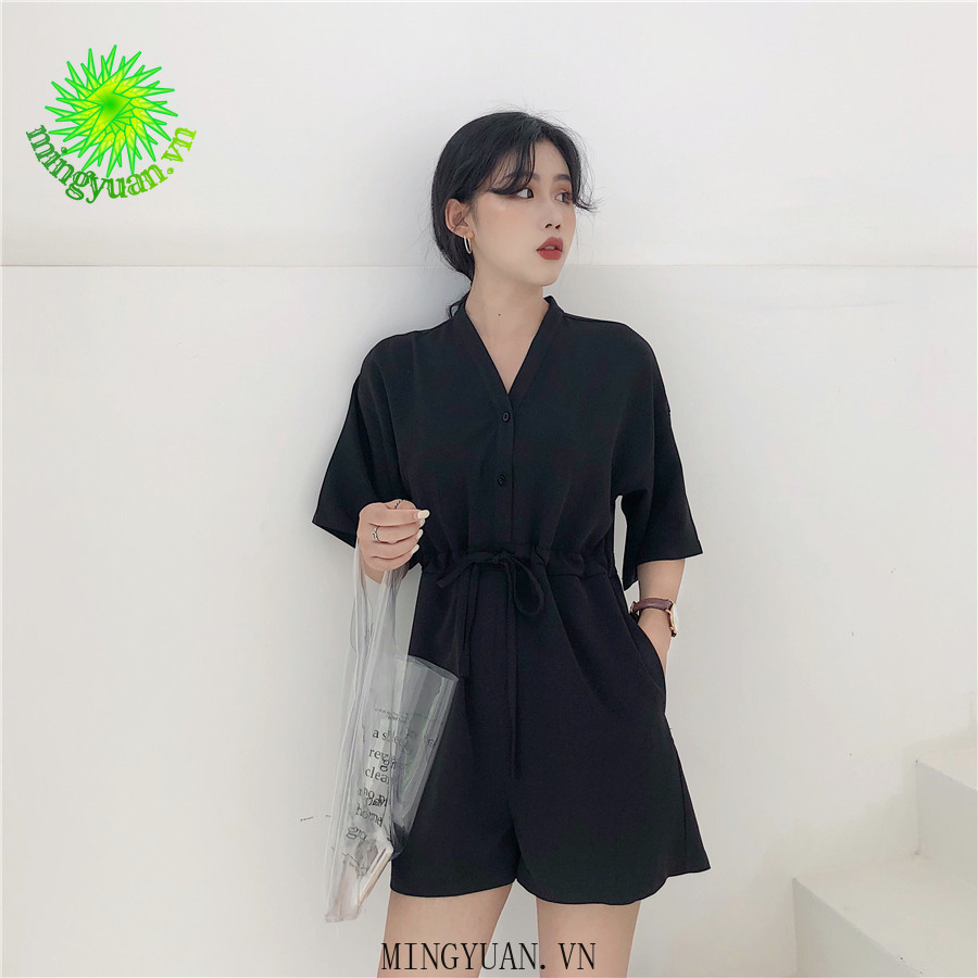 ( Mingyuan ) New retro black casual jumpsuit women loose V-neck short jumpsuit