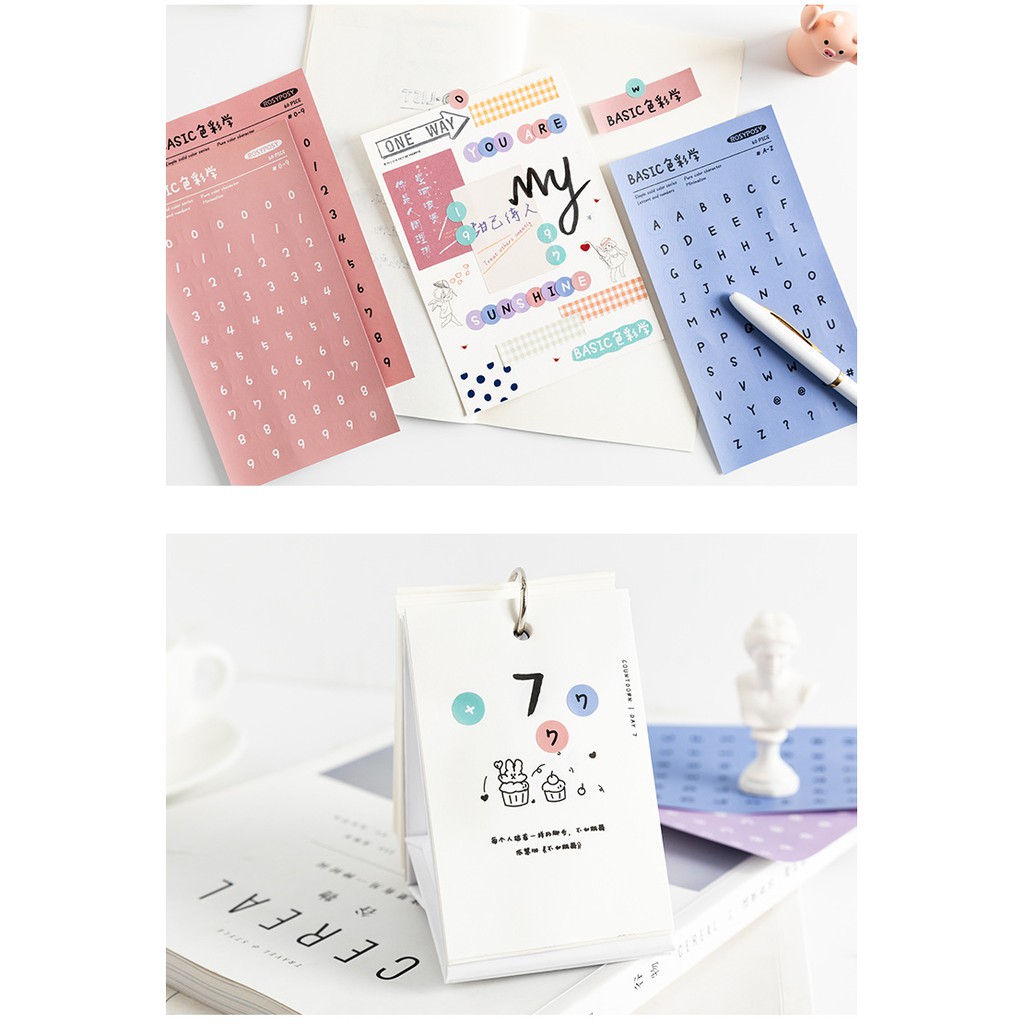 (SIÊU HOT - SIÊU ĐẸP) Set 6 Tấm Sticker Dán Bảng Chữ Cái và Số Thứ Tự Basic Trang Trí Phong Cách Hàn Quốc Nhiều Màu