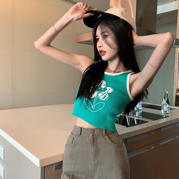 Áo hai dây nữ ZHELIHANGFEI dệt kim hình bông hoa gợi cảm thời trang