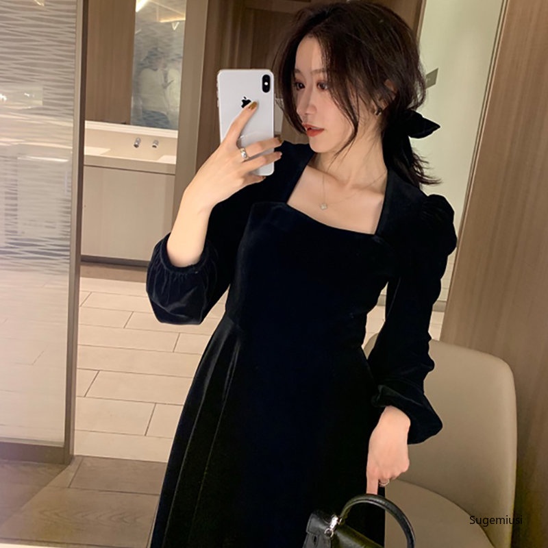 Đầm nhung SUGEMIUSI dài qua gối phong cách retro Pháp thời trang cho nữ