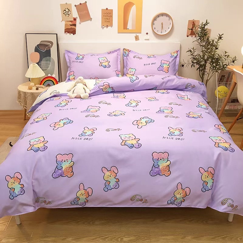 Set Chăn Ga Gấu Sắc Màu Nền Tím Cotton Poly Siêu Đáng Yêu Mềm Mát (Shinbedding_store)