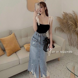 Chân váy bò xanh cào 2 túi trước