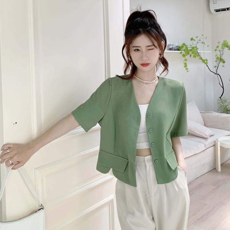 Áo Khoác blazer Tay Ngắn Cổ Chữ V Màu Trơn Phong Cách Hàn Quốc Thời Trang Cho Nữ