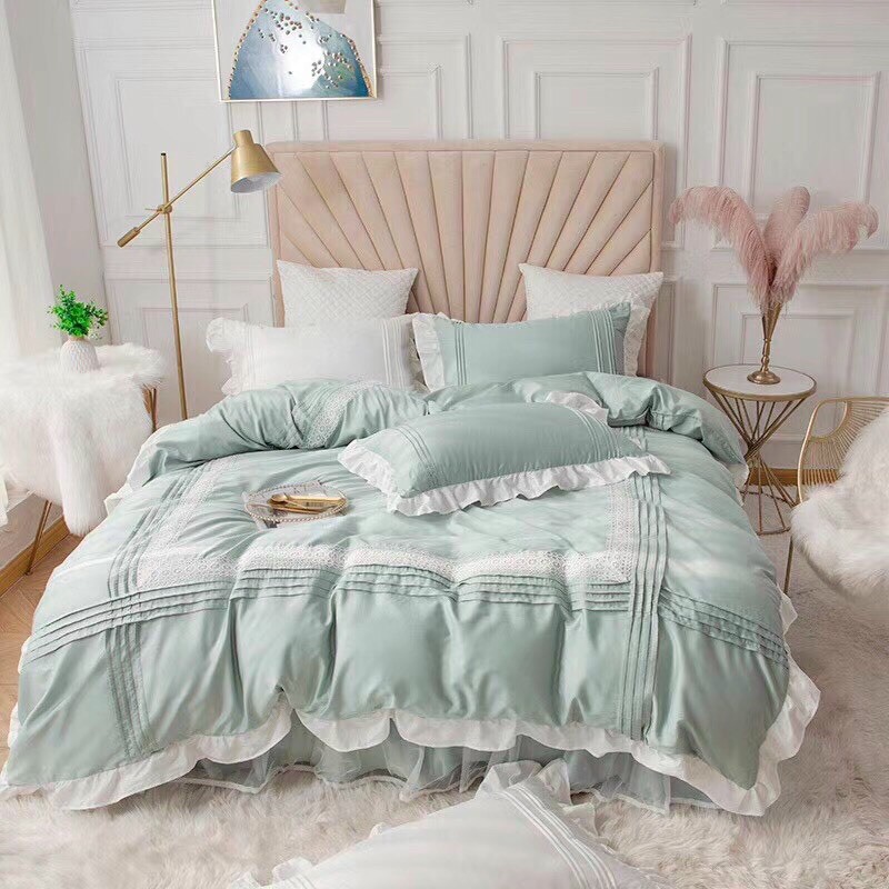 Bộ Chăn Ga Gối Cotton Lụa Bèo Ren Công Chúa Hàng Nhập Khẩu Cao Cấp 4 Món 4 Màu Nhẹ Nhàng