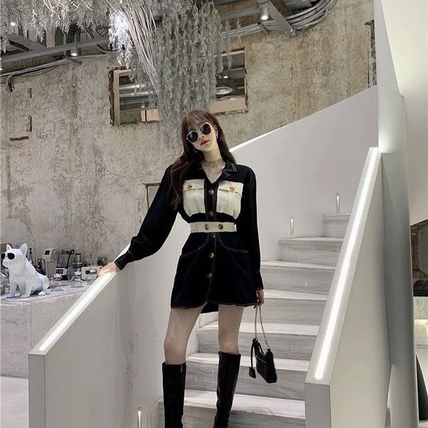 Đầm mỏng cổ vest màu đen phong cách retro Hàn Quốc thời trang thu đông cho nữ 2021