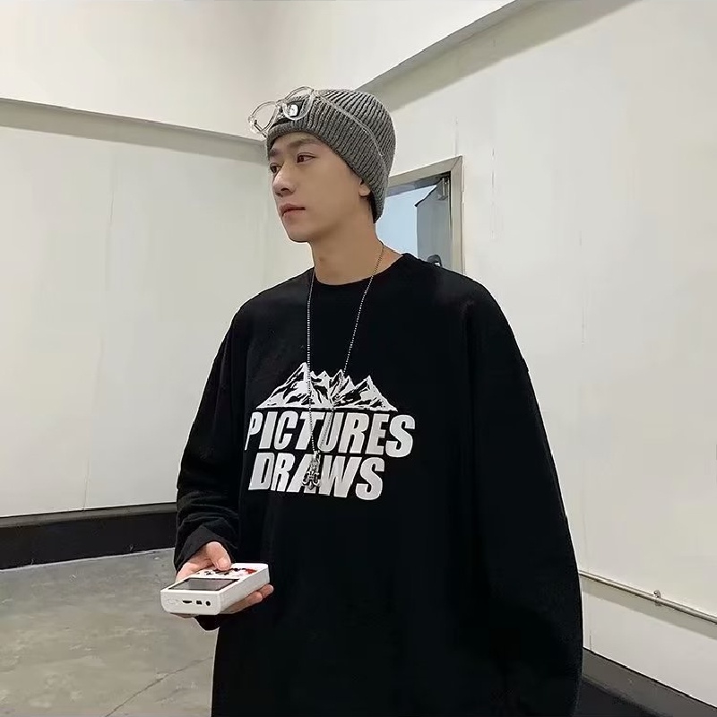 Áo Thun Tay Dài Cổ Tròn Dáng Rộng In Chữ Phong Cách Hip Hop Nhật Bản Thời Trang Cho Nam Cỡ M-5XL