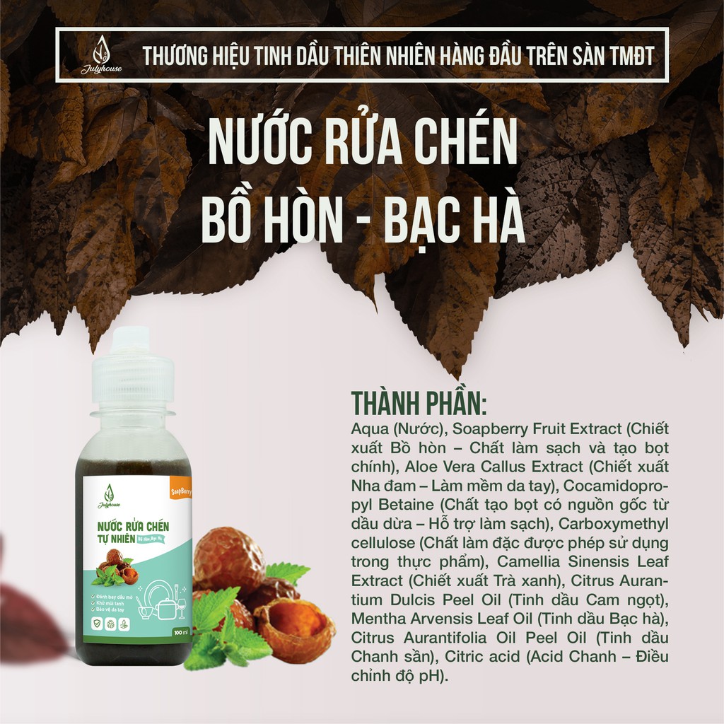 Nước rửa chén hữu cơ chiết xuất Bồ Hòn và tinh dầu Bạc Hà 200ml JULYHOUSE khử mùi tanh