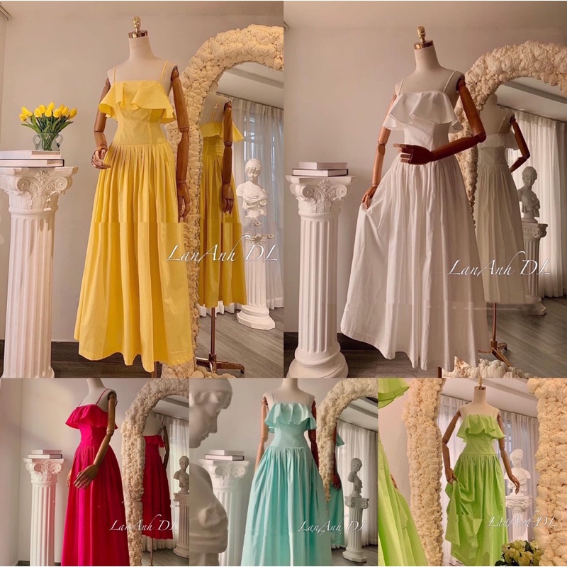 Váy maxi 2 dây dáng xoè xếp ly phối bèo ngực siêu tôn dáng