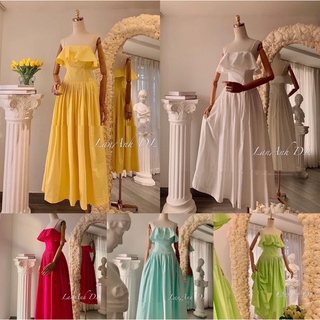 Váy maxi 2 dây dáng xoè xếp ly phối bèo ngực siêu tôn dáng