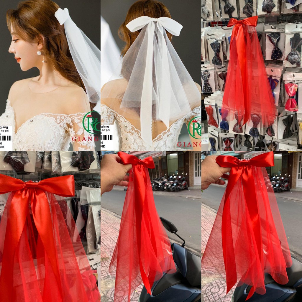 Lúp cô dâu ngắn màu đỏ có thắt nơ ry băng màu đỏ