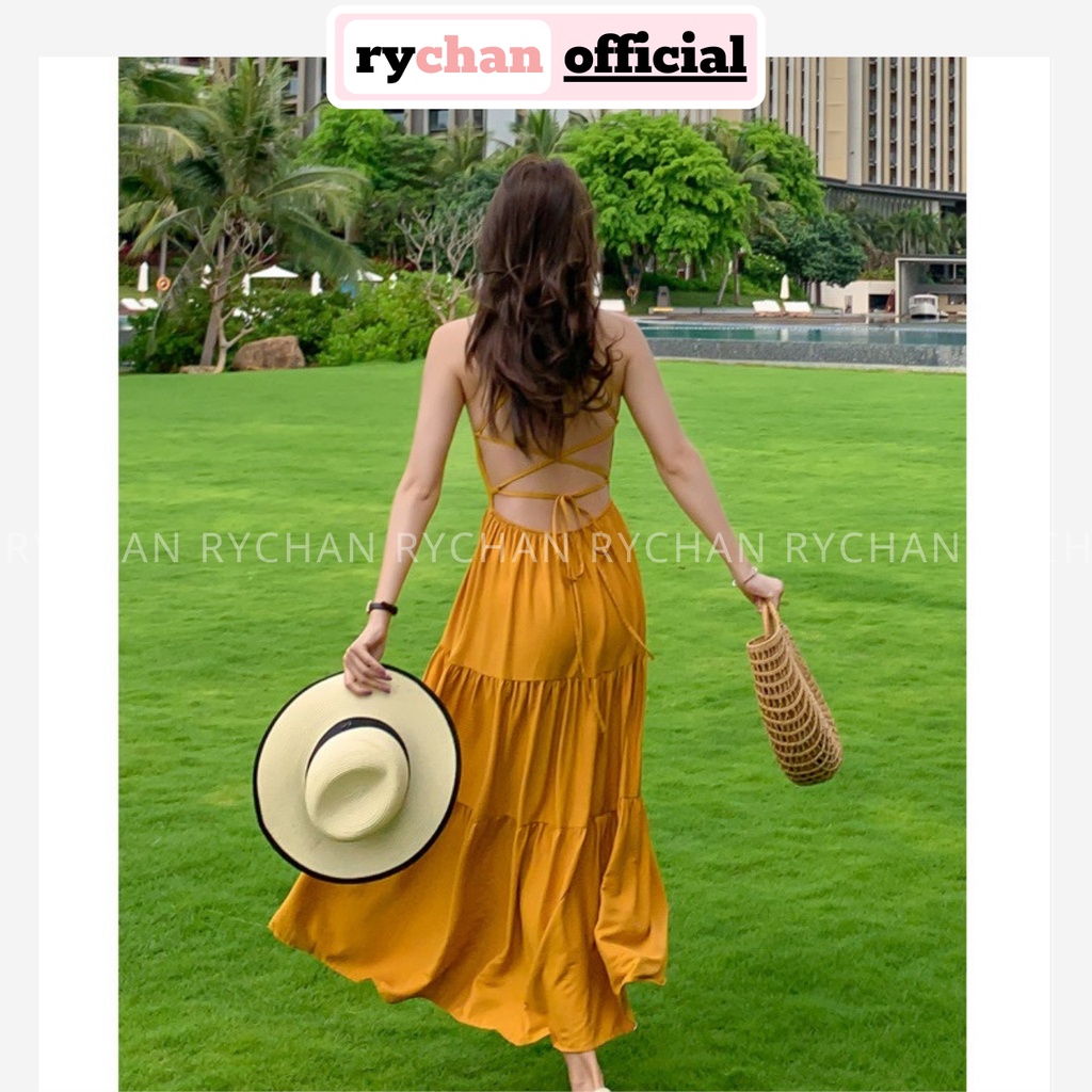 Đầm Maxi Đi Biển (Sẵn Mút Ngực) Đan Lưng Sexy Cổ Yếm Màu Vàng - DM068