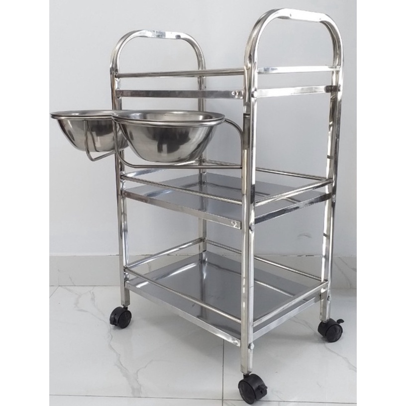 Xe Đẩy inox 3 Tầng Spa Có Bát Nước , Xe Đẩy inox Đựng Dụng Cụ 3 Tầng. Kệ inox Spa