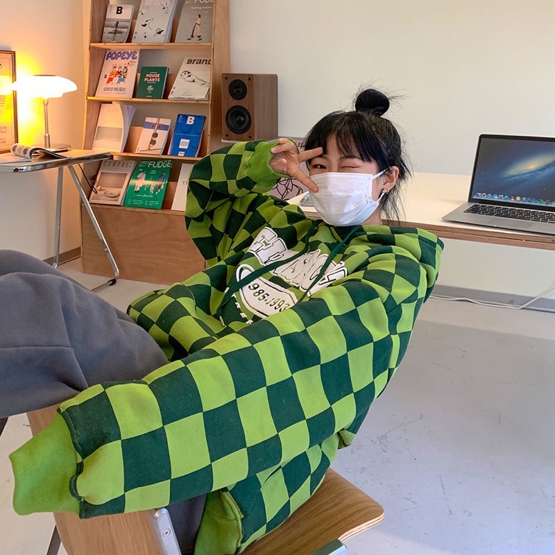 Áo hoodie tay dài form rộng kẻ caro phong cách retro