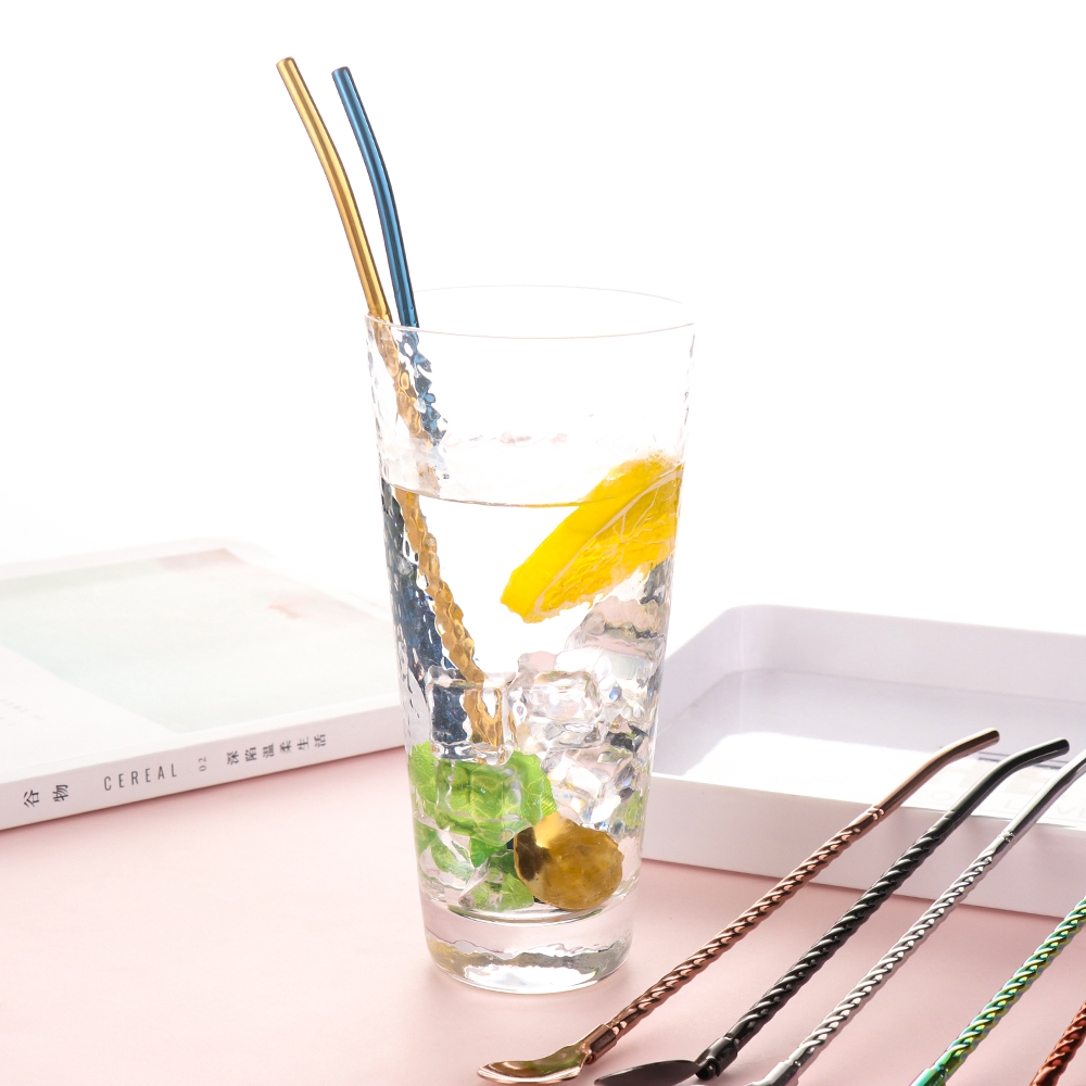 Bar Tea Party Metal Bent Filter Reusable Straws Spoon