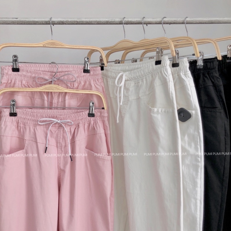 Quần dáng baggy ống suông nữ dây rút lưng thun chất kaki thun có độ co giãn tốt 3 size SML Pumi