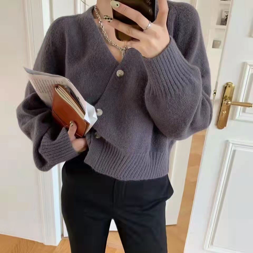 Áo khoác cardigan dệt kim màu trơn dáng rộng tay dài cài nút chéo thời trang phong cách Hàn Quốc cho nữ
