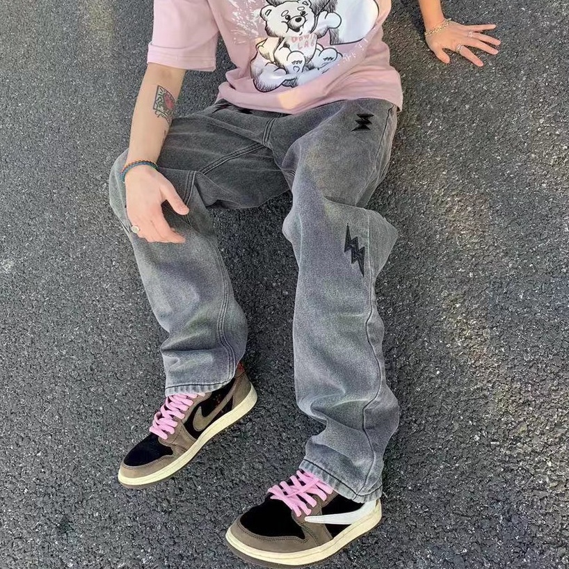 Quần jean trắng thời trang retro quần hiphop unisex from rộng Quần jean ôm oversize quần jean bé trai