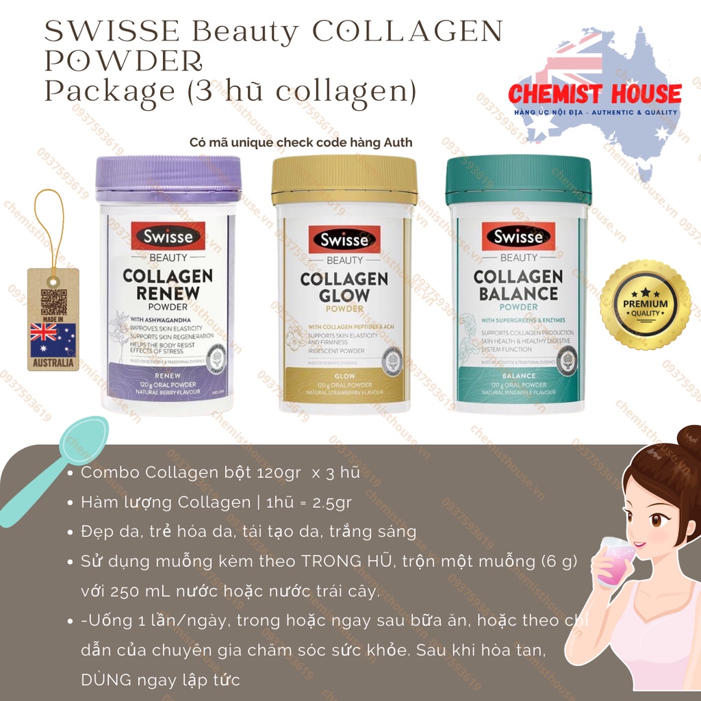 Collagen Swisse Úc Combo Collagen 3 Hũ Bột - Swisse Beauty Collagen Powder Balance Renew Glow 120 Gr/Hũ