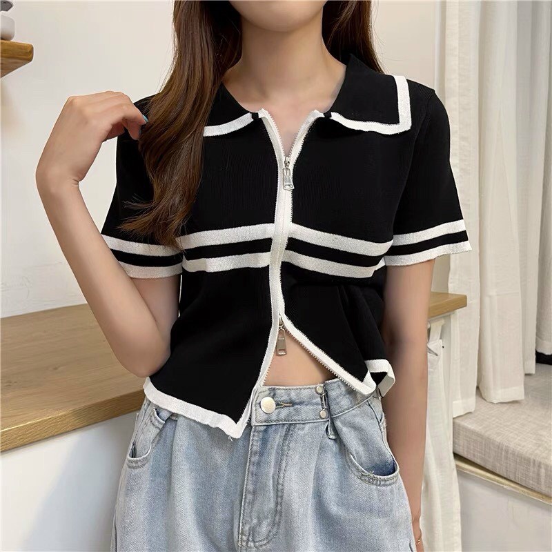 Áo Cộc Tay Kéo Khoác Pha Viền Kẻ - Kim Linh Shop