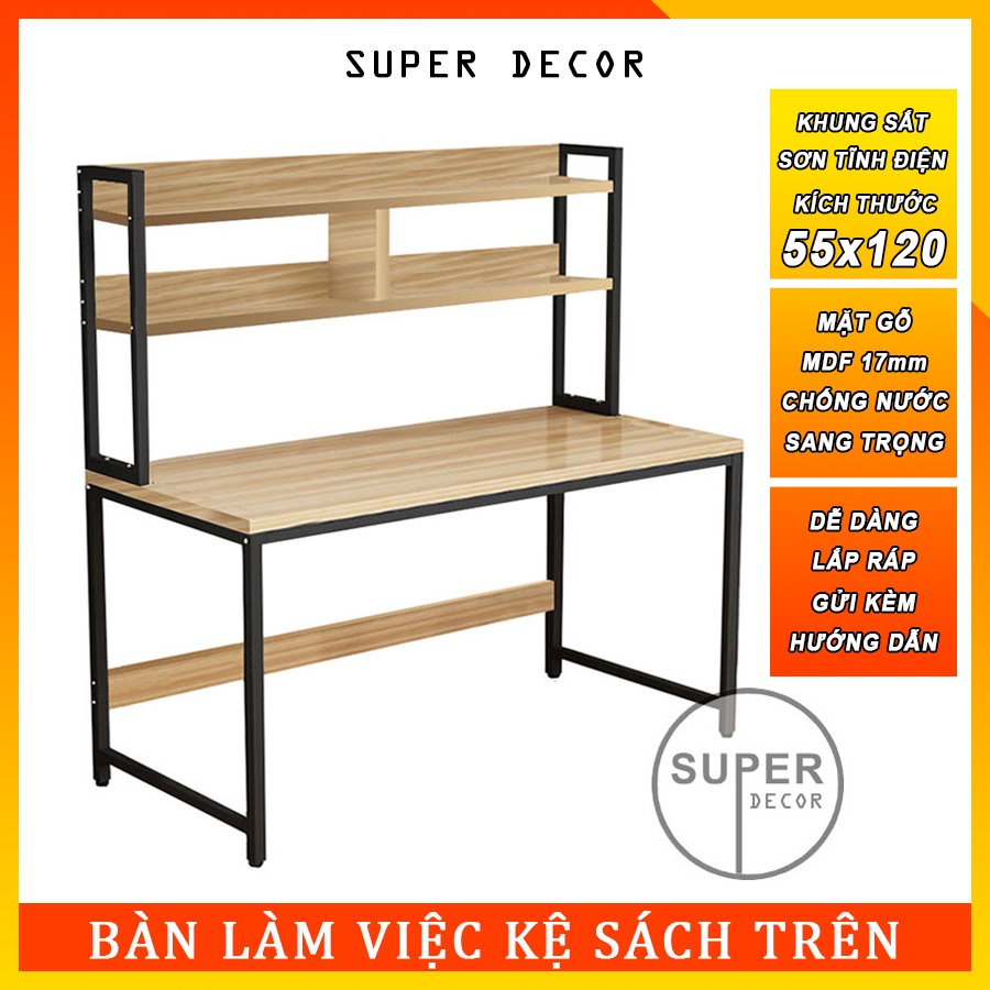 Bàn làm việc khung sắt kèm giá sách trên mặt bàn dễ dàng lắp ráp, khung sắt sơn tĩnh điện chắc chắn NgocDiep Decor
