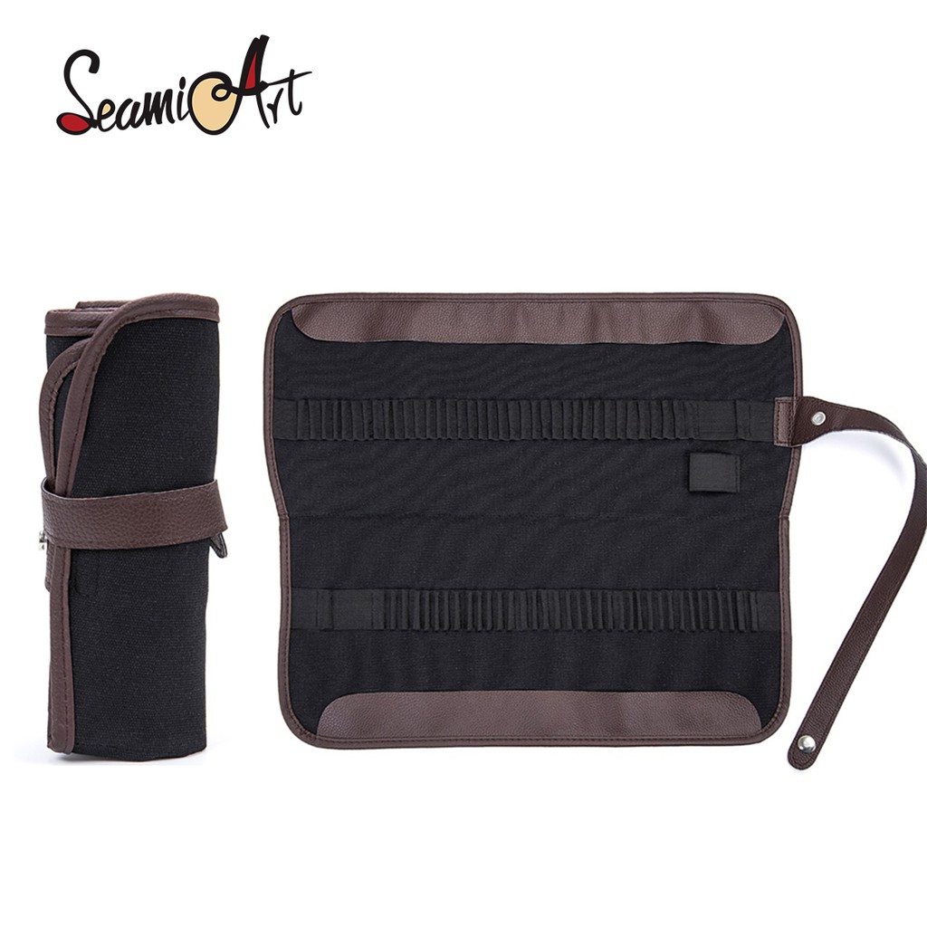 Túi đựng bút chì màu gỗ SeamiArt vải canvas 72 lỗ màu đen tiện lợi