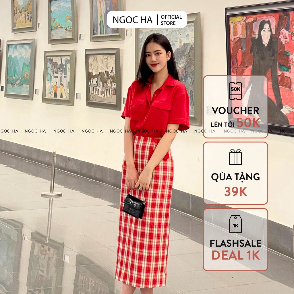 Set Bộ Nữ Áo Sơ Mi Tiểu Thư+Chân Váy Chút Chì Họa Tiết, Kiểu Dáng Hiện Đại NGỌC HÀ Design BJ057