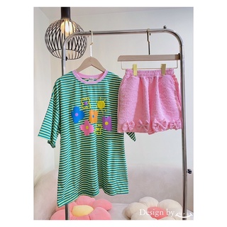 Set đùi áo sọc quần lưới phối nơ
