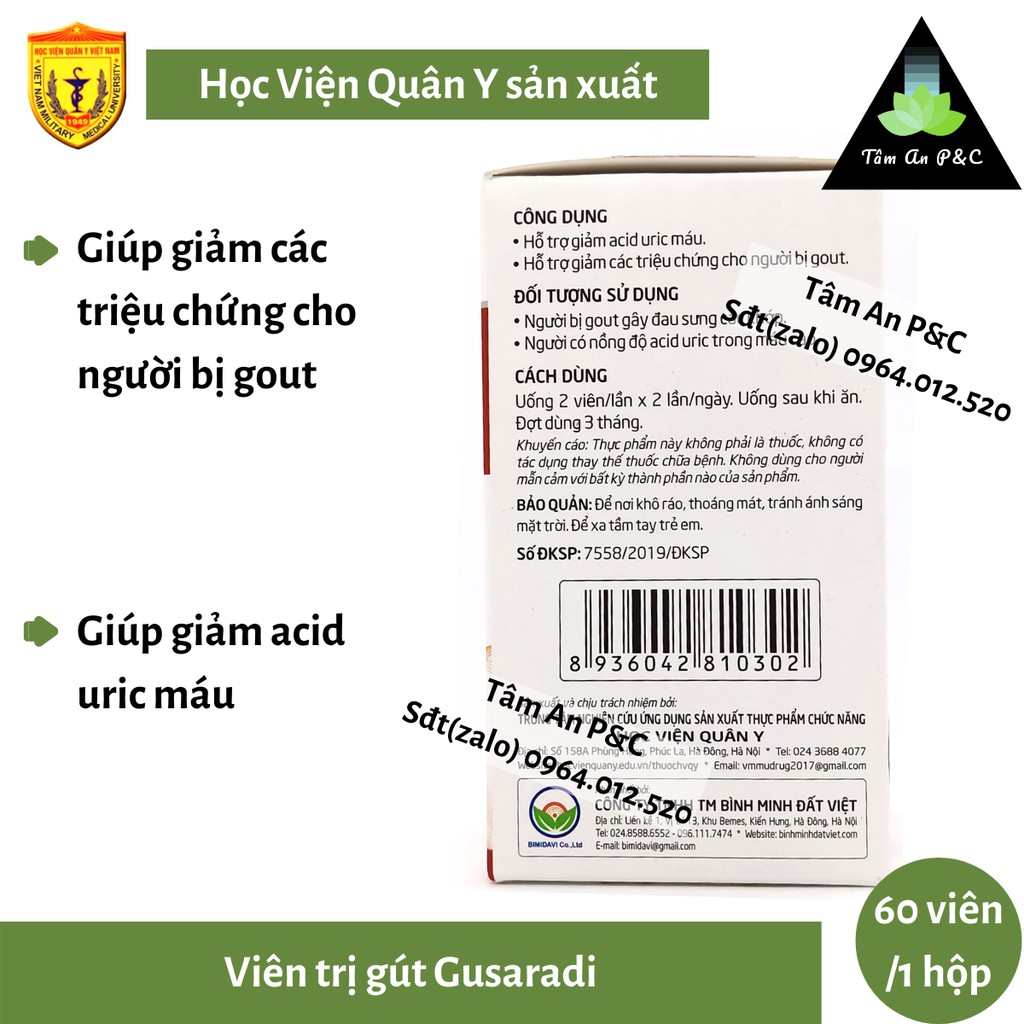 Viên nang tri Gout (Gút) Gusaradi Học viện Quân Y- Dành cho người bị Gout- CHÍNH HÃNG HVQY