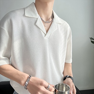 Ice Silk Lưới Cuba Cổ Áo Sơ Mi Nam Tay Ngắn 2024 Ánh Sáng Trưởng Thành Tóc Nhà Tạo Kiểu Dạo Phố Thiết Kế Nam Waffle Áo Sơ Mi