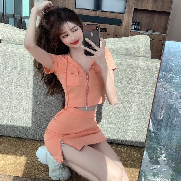 Set áo khoác có mũ + chân váy ngắn phong cách thể thao thời trang Hàn Quốc mùa hè năm 2021 mới