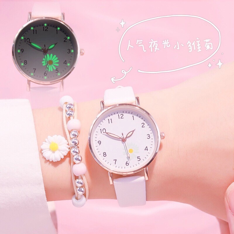 [Women Fashion Simple Style Luminous little Daisy Watches] [Ladies PU Leather  Belt Quartz Watch] [Girls Minimalist Casual Watch]