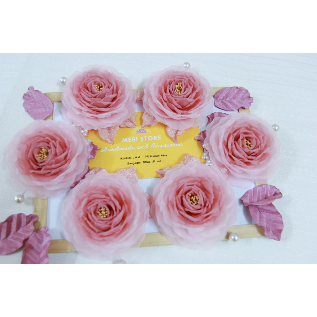 (Ảnh thật - Nobox) Hoa hồng cài áo handmade màu hồng phấn 3 lá
