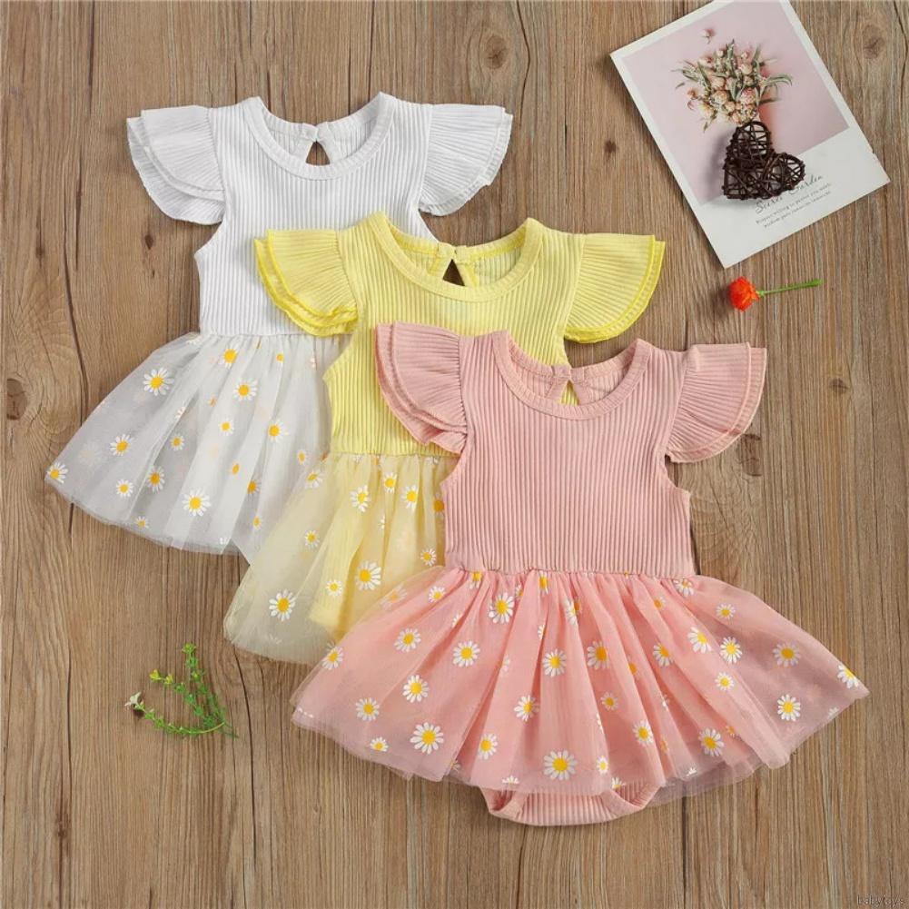 [babytoys] Summer Baby Girl Flying Sleeve Rompers Infant Lace Mesh Daisy Printed Princess Dress Toddler Triangle Bodysuit 0-18M