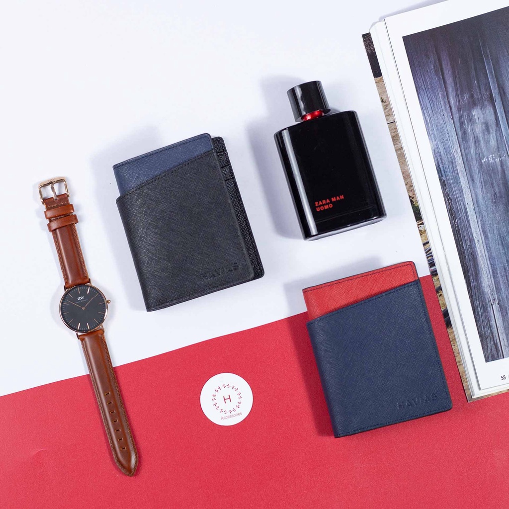 Ví Da Seashell Grid Frame Wallet HAVIAS Xanh Navy Đỏ