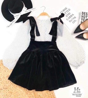 Combo set Nhung + áo khoác + áo chấm bi