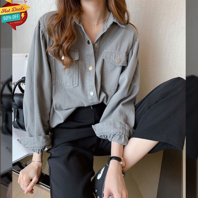 【✨Available❗❗ HOT SALE-✨】Áo sơ mi tay dài dáng rộng màu denim trơn thời trang mùa xuân dành cho nữ