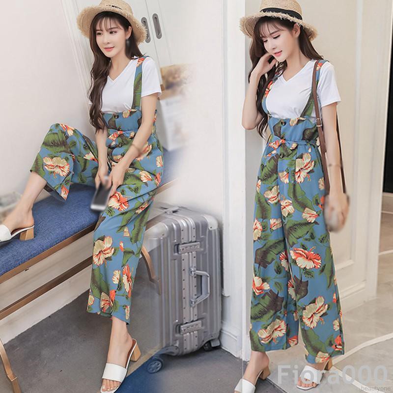 Jumpsuit Ống Rộng Lưng Cao Hoạ Tiết Hoa Cho Phái Nữ