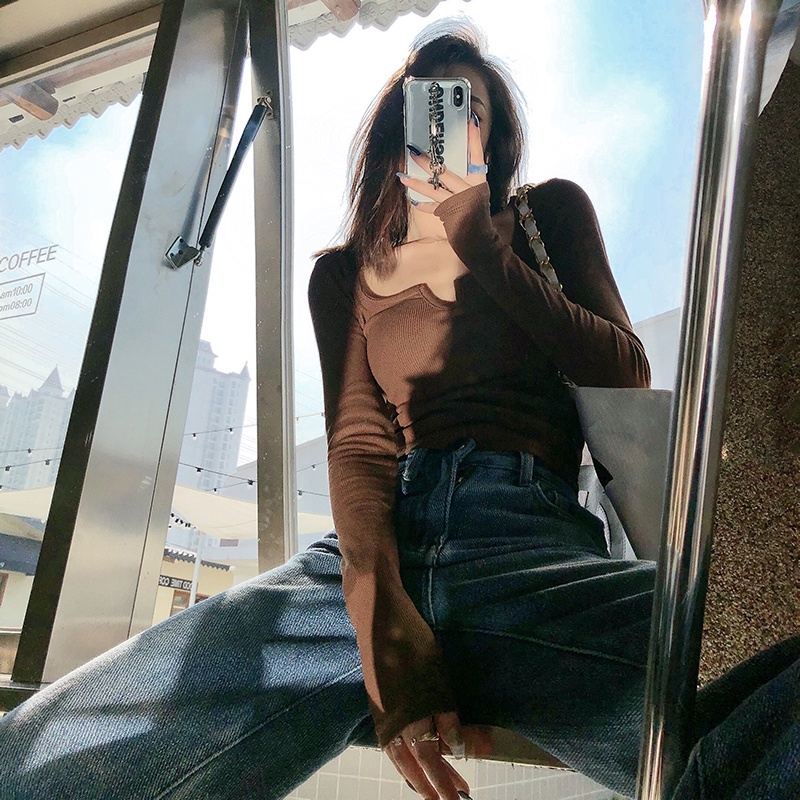 Cocory vn Áo thun croptop tay dài ôm dáng 4 màu tùy chọn phong cách thời trang cho nữ