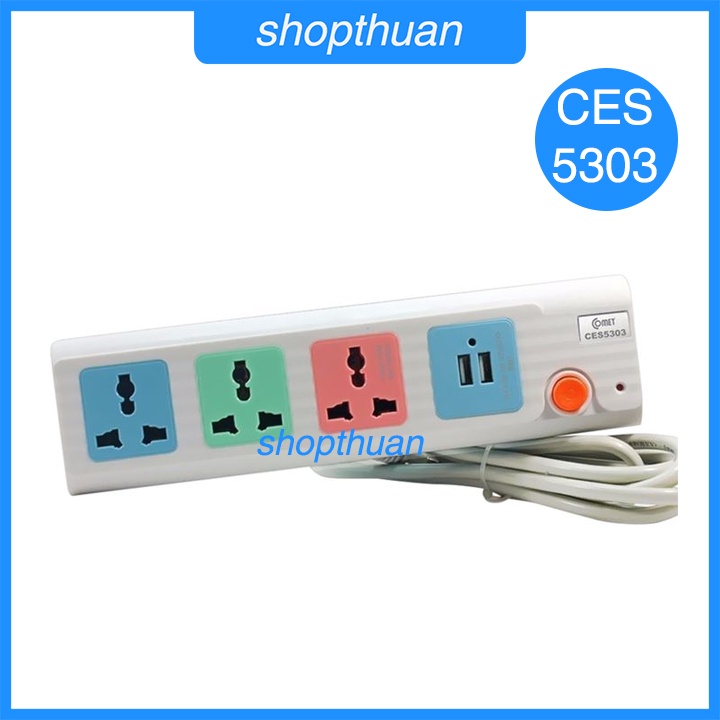 Ổ cắm điện Comet CES5303 - 3 ổ cắm 3 chấu, 2 cổng USB, dây dài 3 mét, công suất 2500w