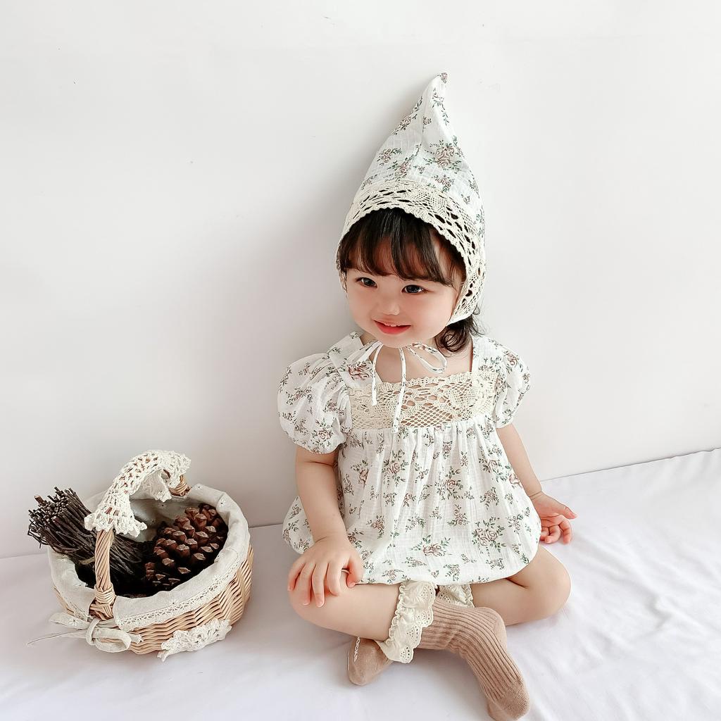 Set áo liền quần và mũ trùm đầu xinh xắn cho bé gái sơ sinh