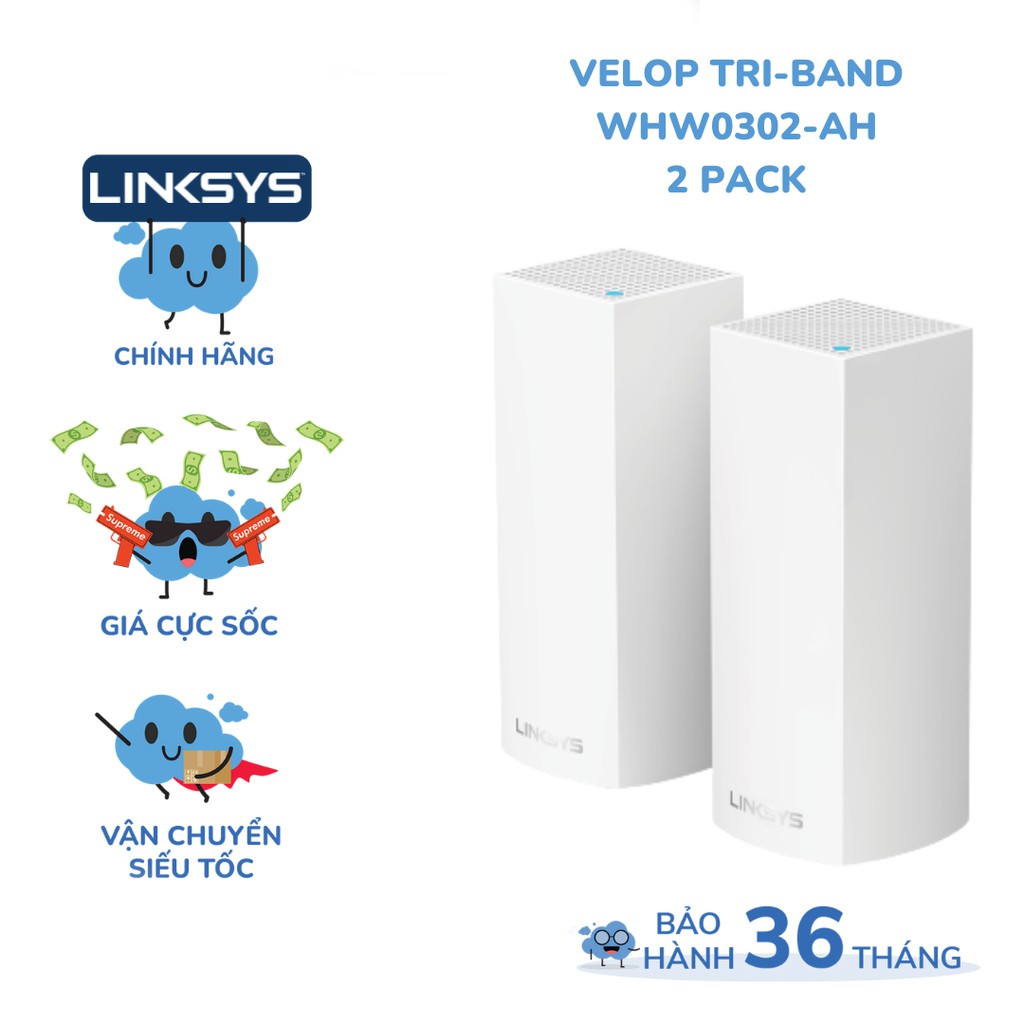 (2 PACK) Bộ phát wifi LINKSYS VELOP WHW0302 chuẩn AC tốc độ 4400mbps Tri-band intelligent mesh wifi 5 MU-MIMO system