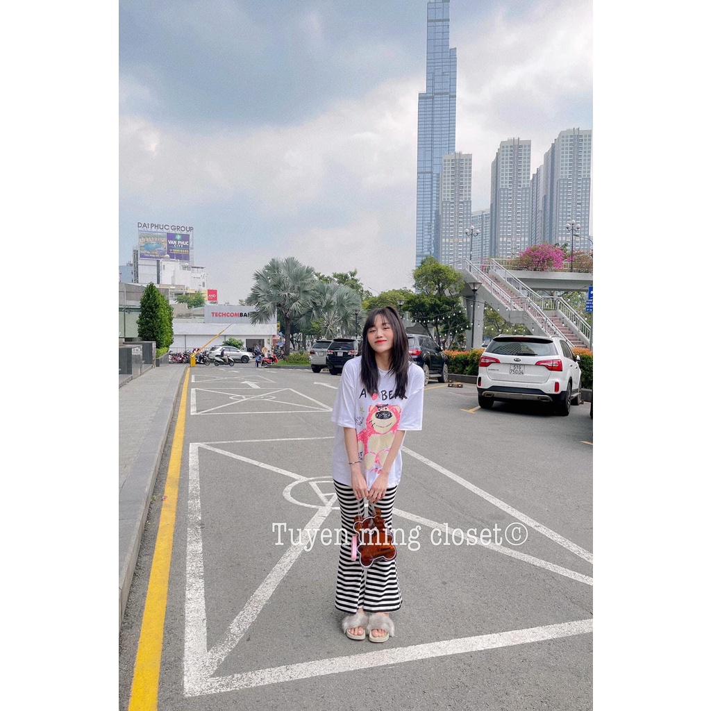 Set bộ gấu pink quần ống loe thun gân free size