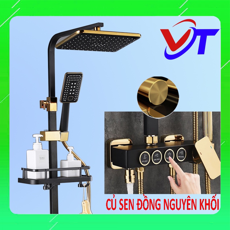 Bộ Sen Cây Tắm Đứng Nóng Lạnh Màu Vàng Đen Cao Cấp🐴 Sen Cây Nóng Lạnh Củ Sen 4 Nút Bấm Bằng Đồng🐴🐴