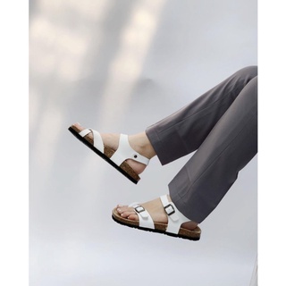 Sandal xỏ ngón màu trắng đế trấu quai da Pu Basic unisex