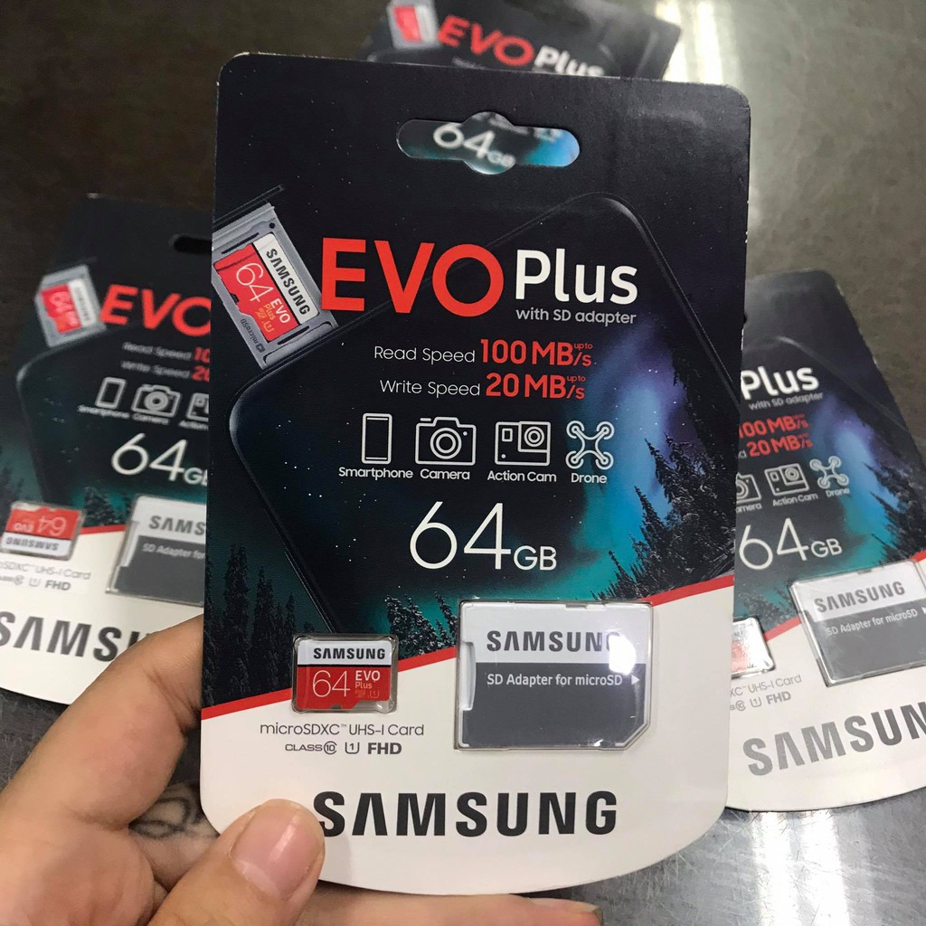 Thẻ nhớ Micro SDXC Samsung 64GB EVO Plus chính hãng tem TMDV ÁNH MINH CƯỜNG bảo hành 36 tháng ,ghi 20 MB/s : đọc 100mn/s