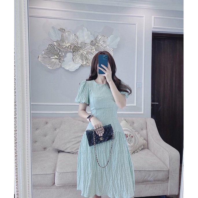 Đầm xanh li nhăn hai lớp tay bồng